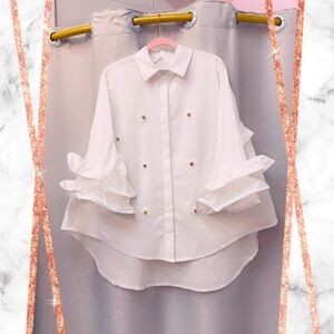 Local European White Ruffled Button Down Blouse